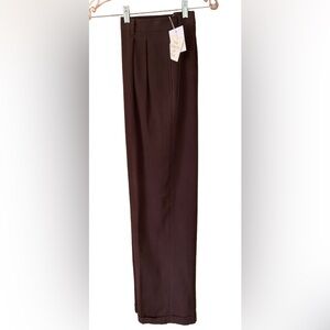 TROUSERS PANTS Vintage Hugo Buscati 100% Silk Twill Pleated Chocolate Brown NWT